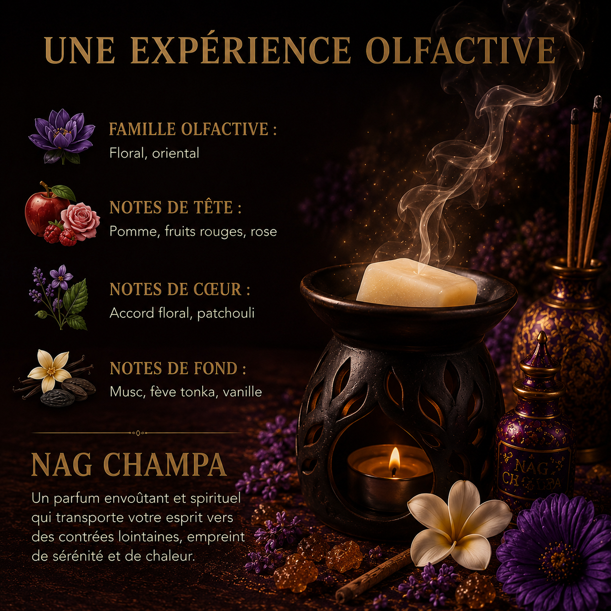 Fondant parfumé Nag Champa Bakonette Bakougie — notes de patchouli, vanille, musc et fève tonka