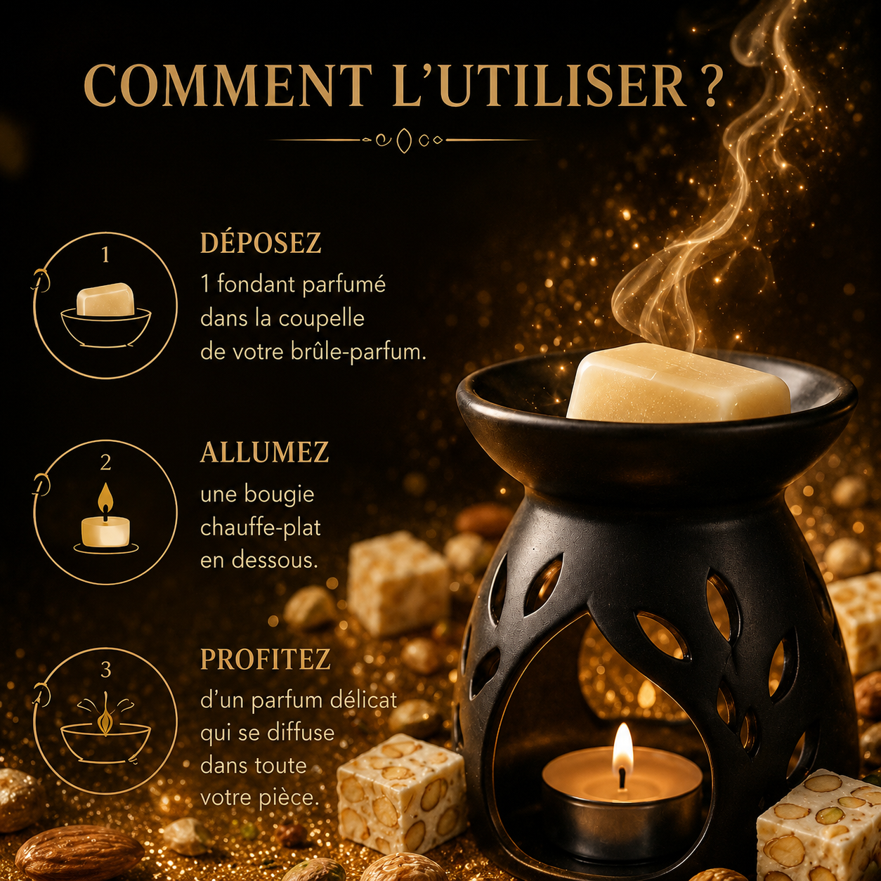 Fondant parfumé Nougat blanc Bakonette Bakougie utilisé avec un brûle-parfum