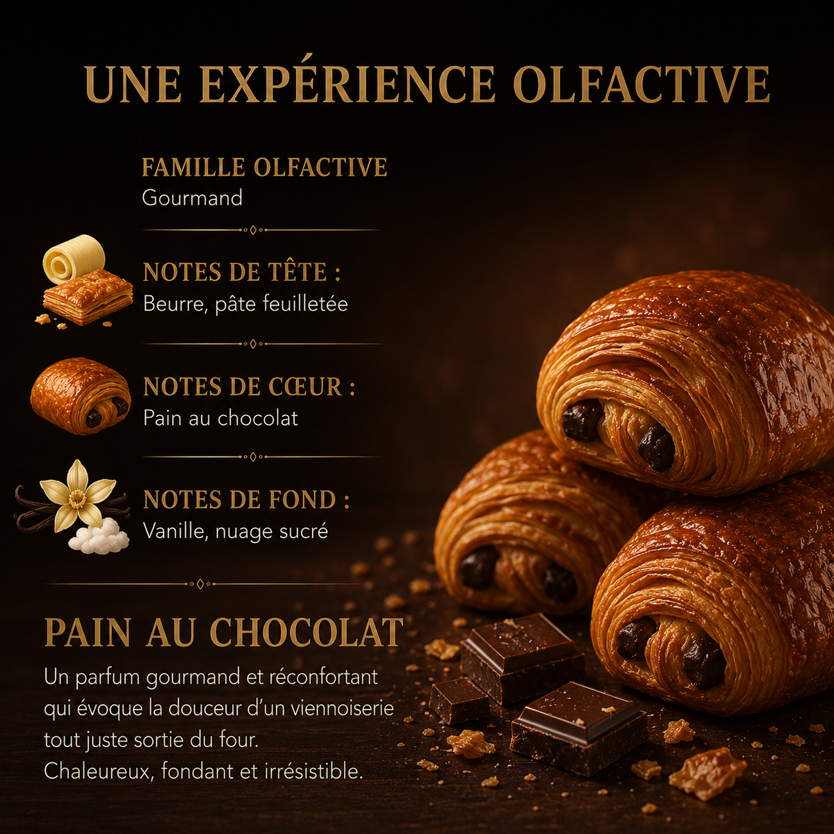 Fondant parfumé Pain au chocolat Bakonette Bakougie — notes de beurre, vanille et chocolat