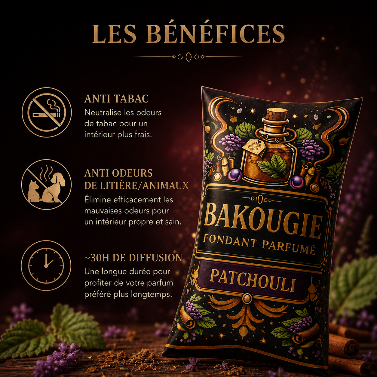 Fondant parfumé Patchouli Bakonette Bakougie — ambiance boisée et chaleureuse