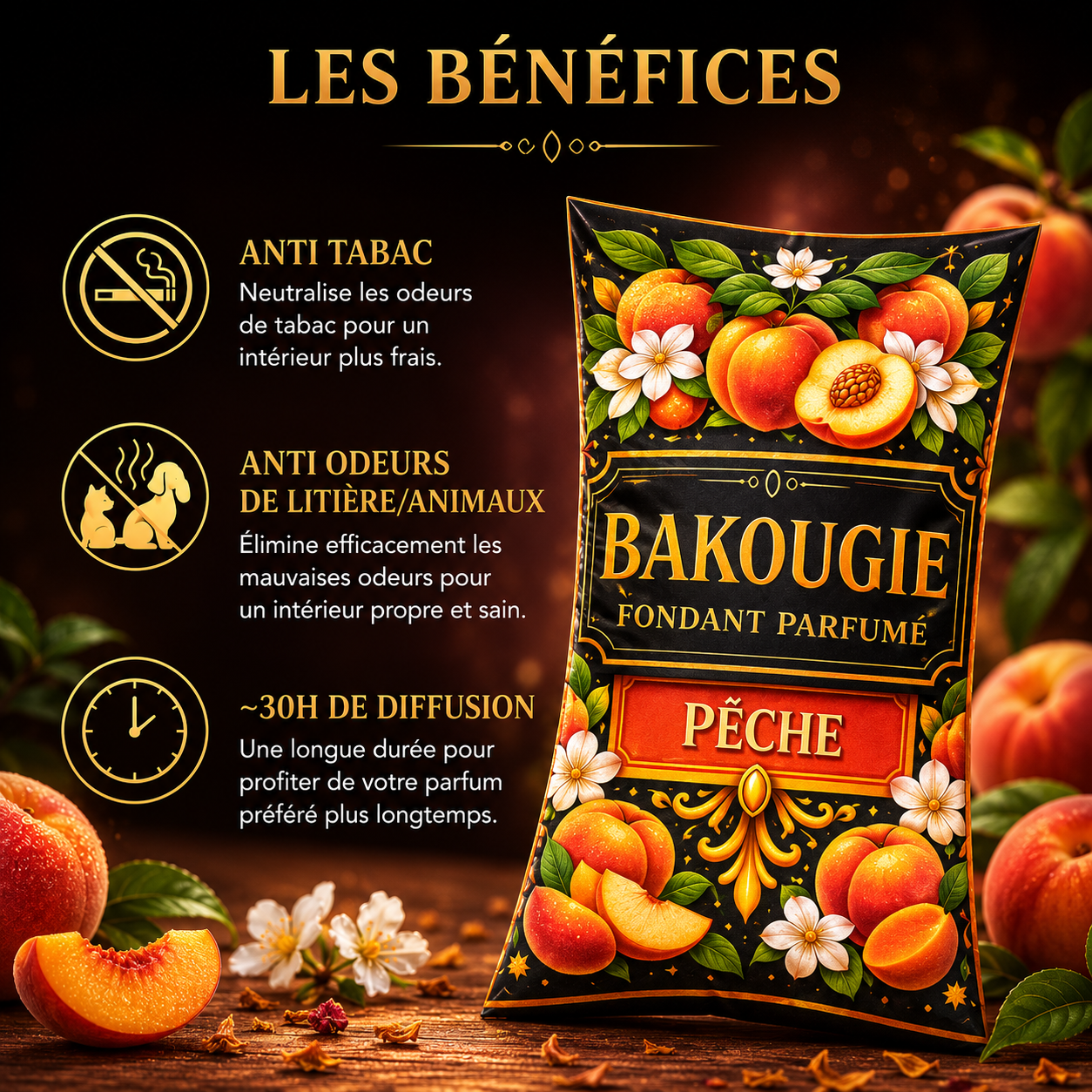 Fondant parfumé Pêche Bakonette Bakougie — ambiance fruitée et sucrée