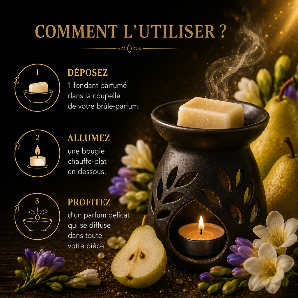 Fondant parfumé Poire freesia Bakonette Bakougie utilisé avec un brûle-parfum