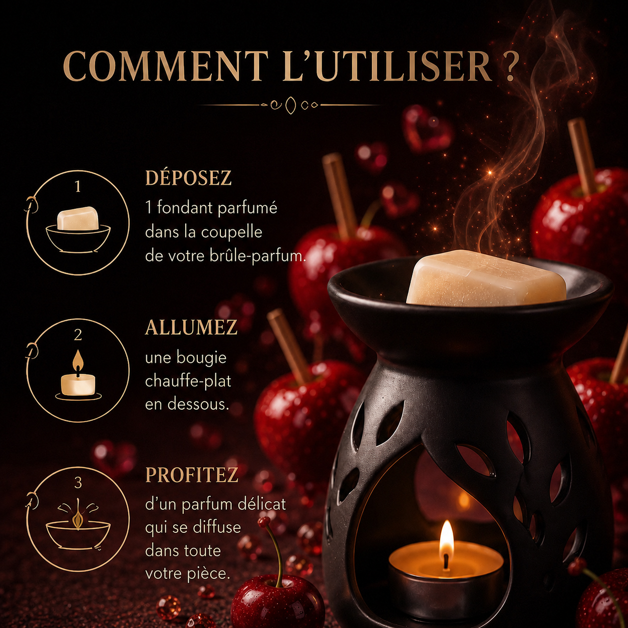 Fondant parfumé Pomme d’Amour Bakonette Bakougie utilisé avec un brûle-parfum