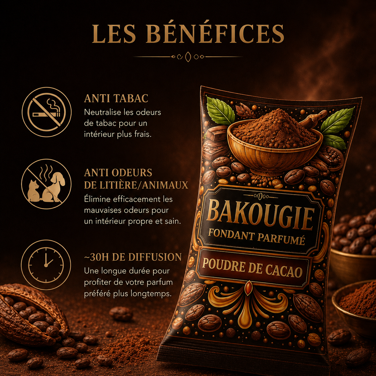 Fondant parfumé Poudre de cacao Bakonette Bakougie — ambiance chocolatée gourmande