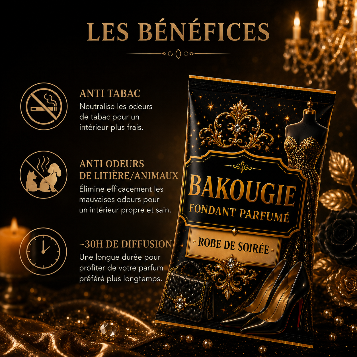 Fondant parfumé Robe de soirée Bakonette de luxe Bakougie — ambiance glamour et raffinée