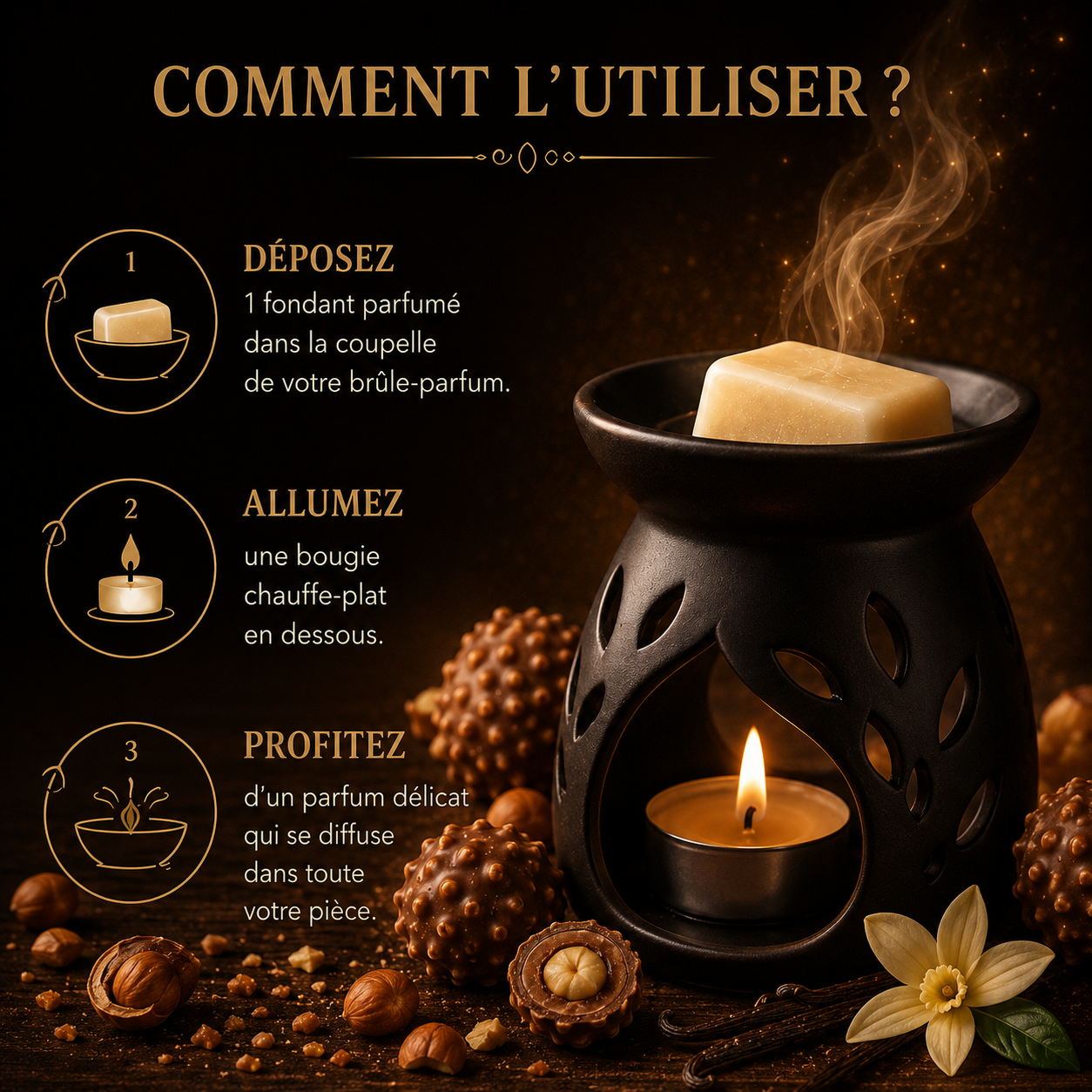 Fondant parfumé Rocher praliné Bakonette Bakougie utilisé avec un brûle-parfum