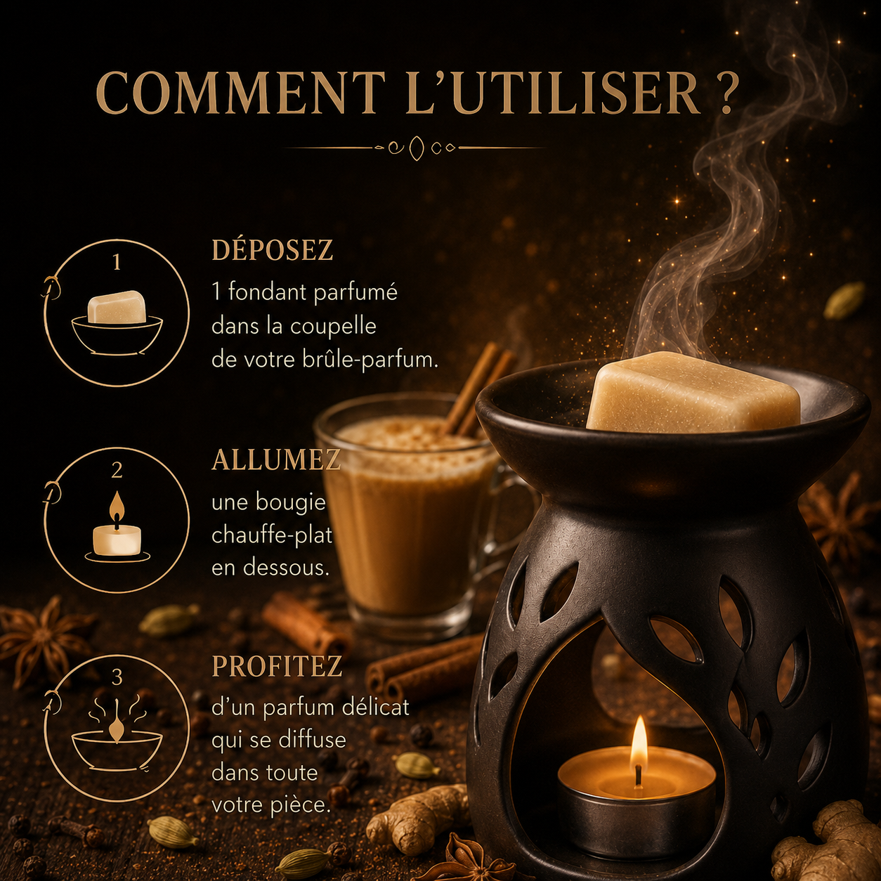 Fondant parfumé Thé chaï latte Bakonette Bakougie utilisé avec un brûle-parfum