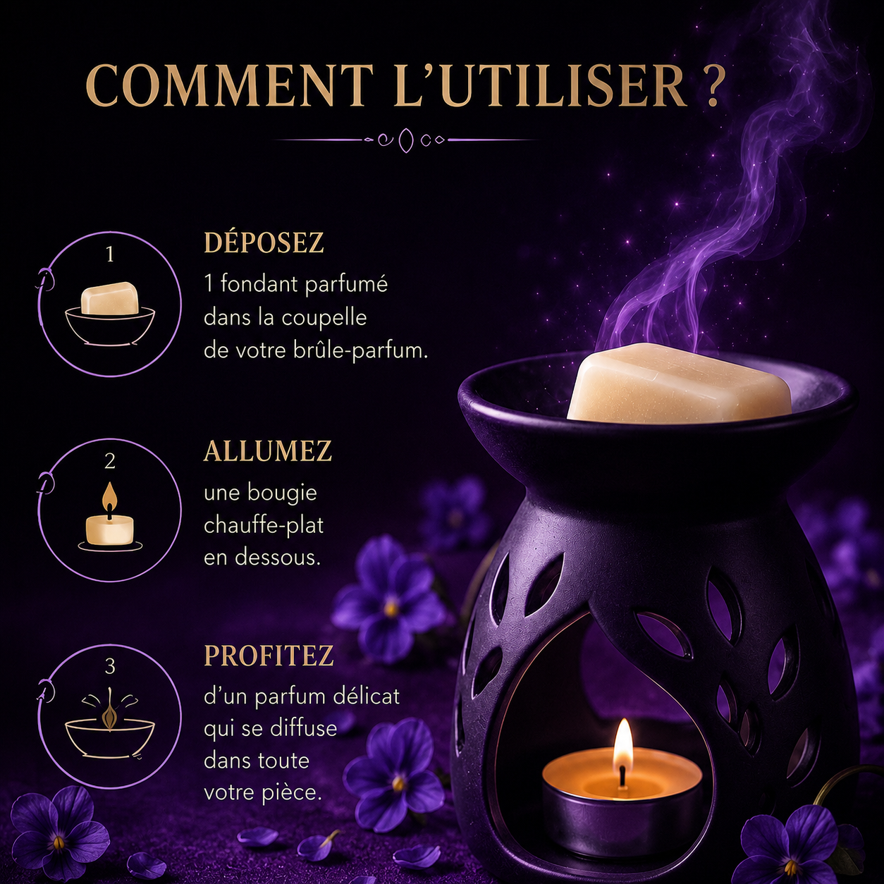 Fondant parfumé Violette Bakonette Bakougie utilisé avec un brûle-parfum