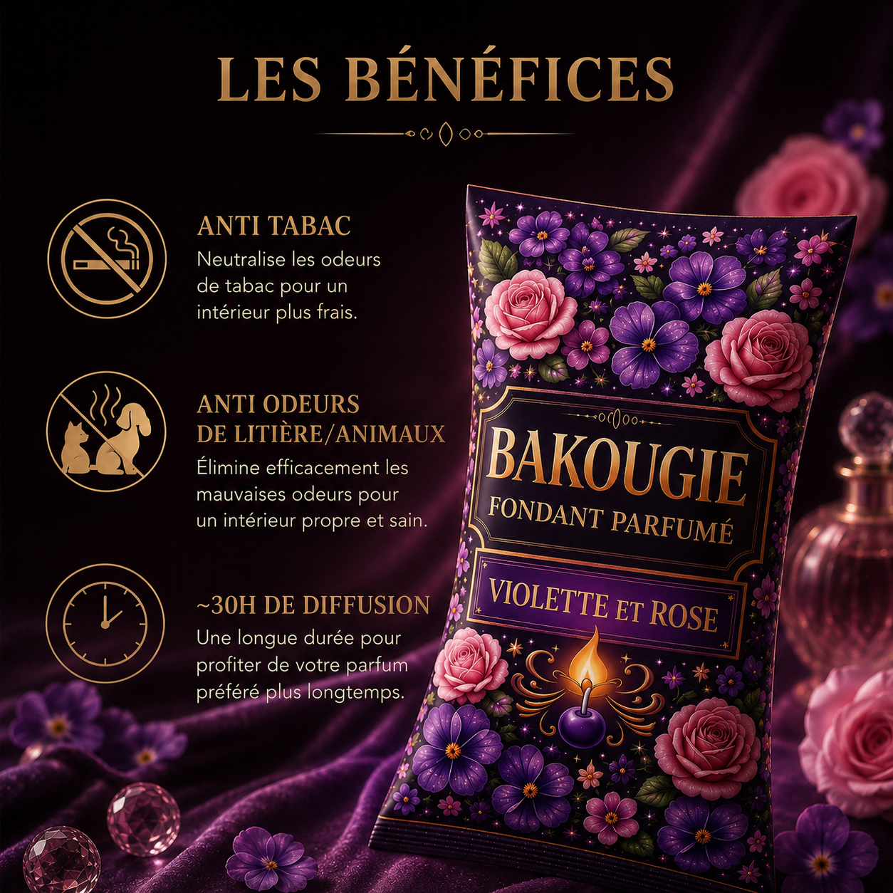 Fondant parfumé Violette et rose Bakonette Bakougie — ambiance florale poudrée