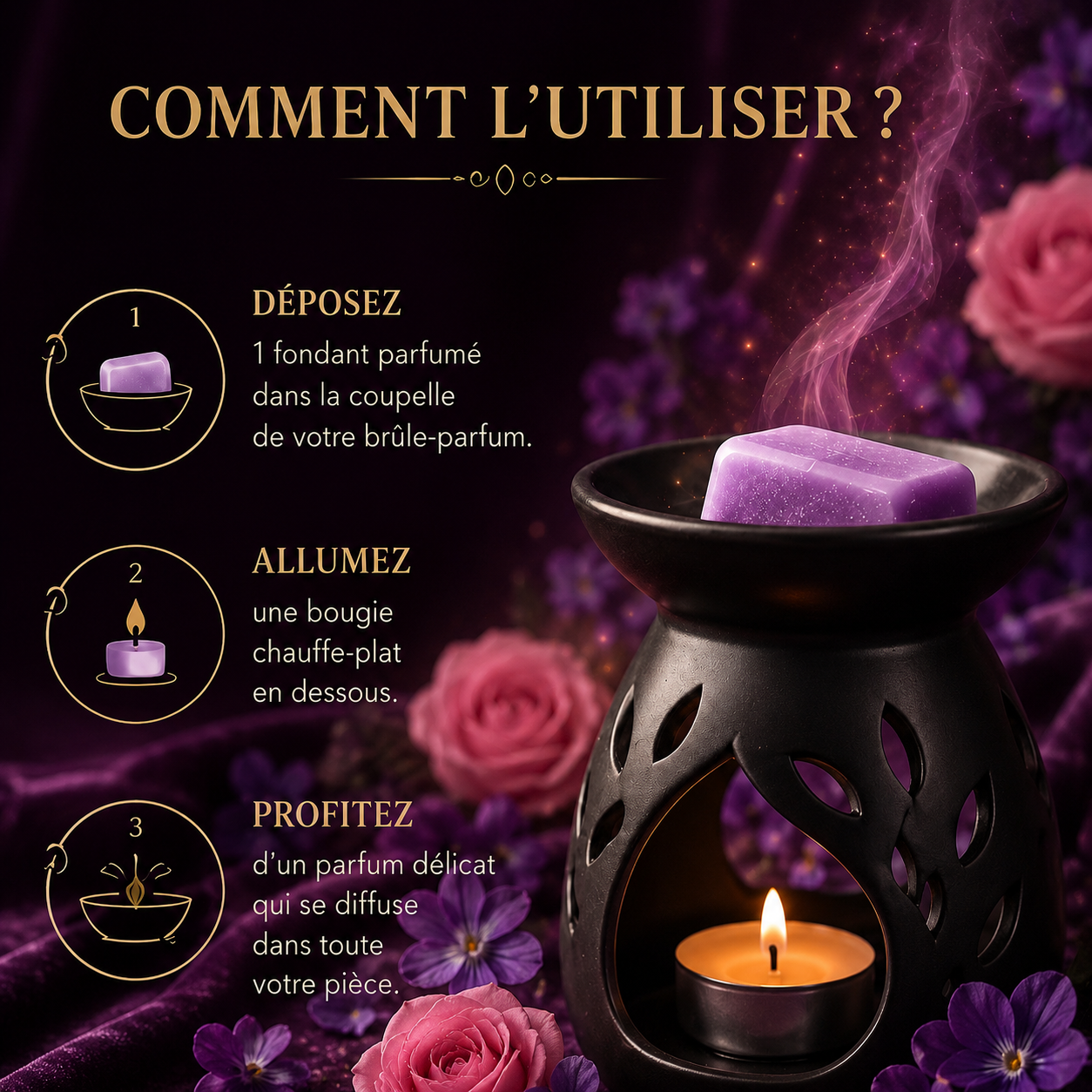 Fondant parfumé Violette et rose Bakonette Bakougie utilisé avec un brûle-parfum