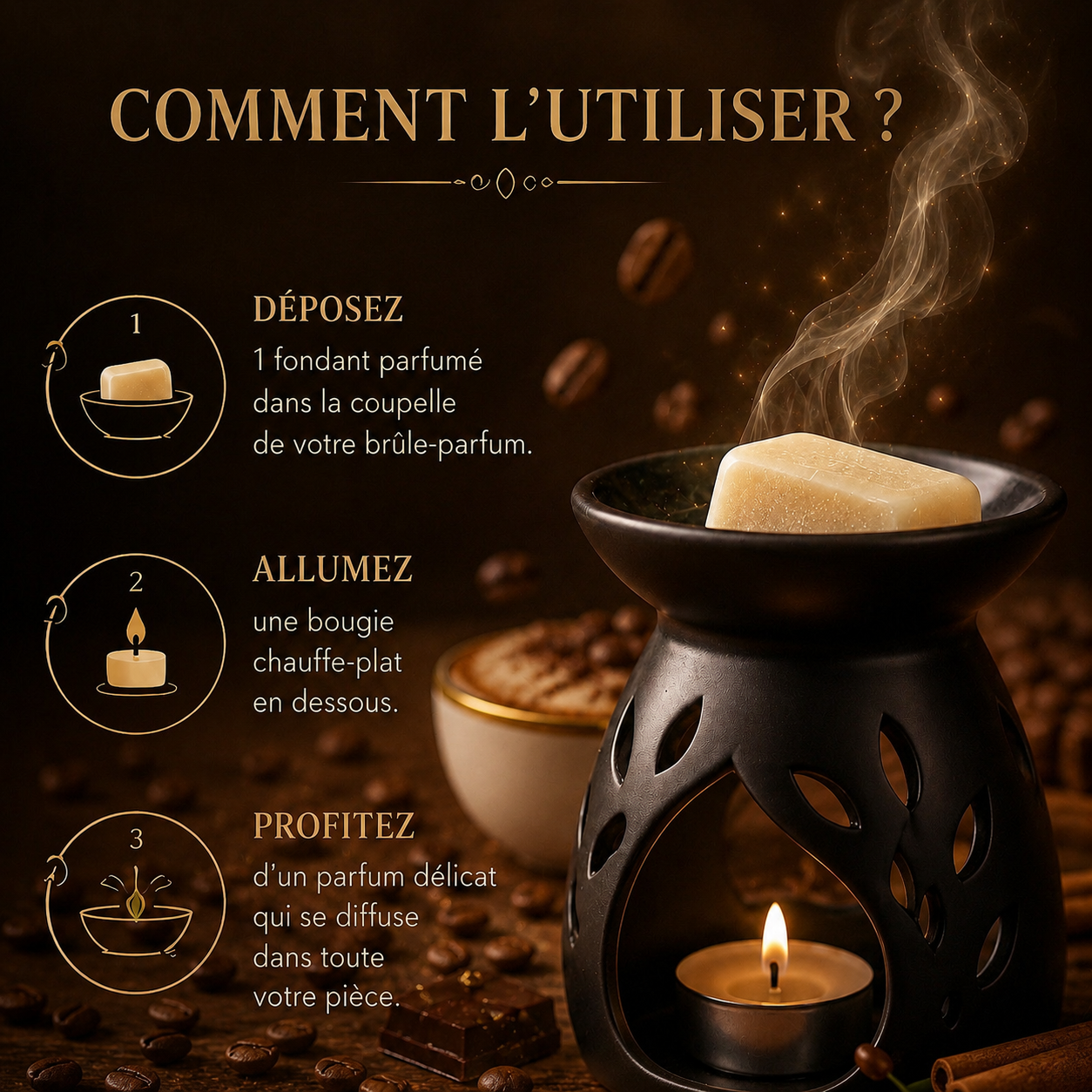 Galet parfumé café cappuccino artisanal cire parfumée gourmande pour brûle parfum ambiance cocooning