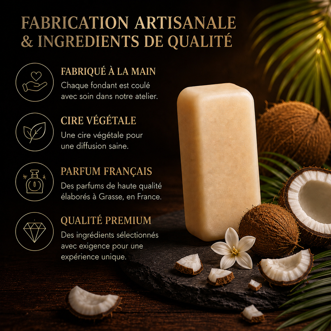 Galet parfumé coco vanille fondant parfumé gourmand cire fondante exotique ambiance tropicale maison