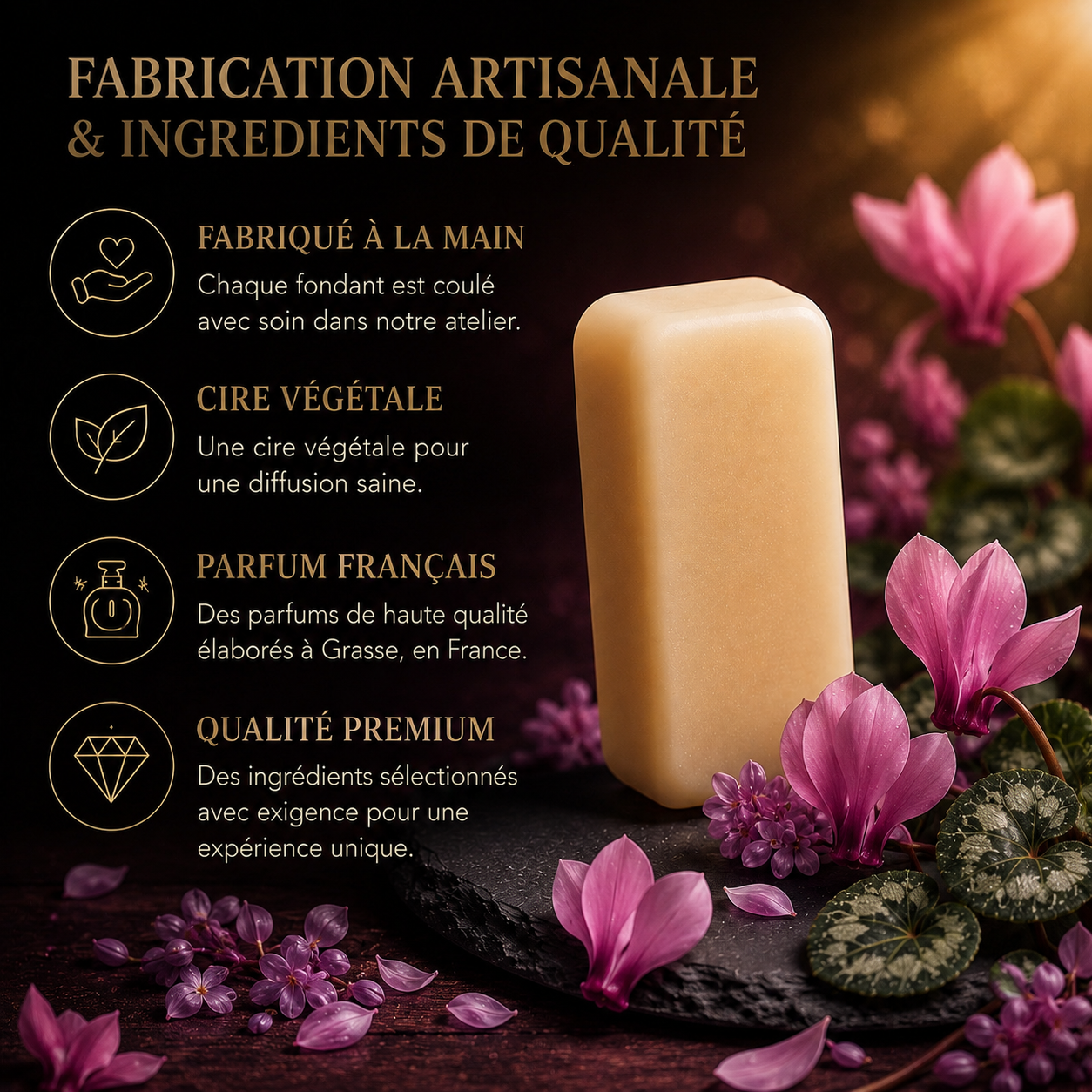 Galet parfumé cyclamen sauvage fabrication artisanale cire végétale parfum de Grasse senteur florale premium cocooning