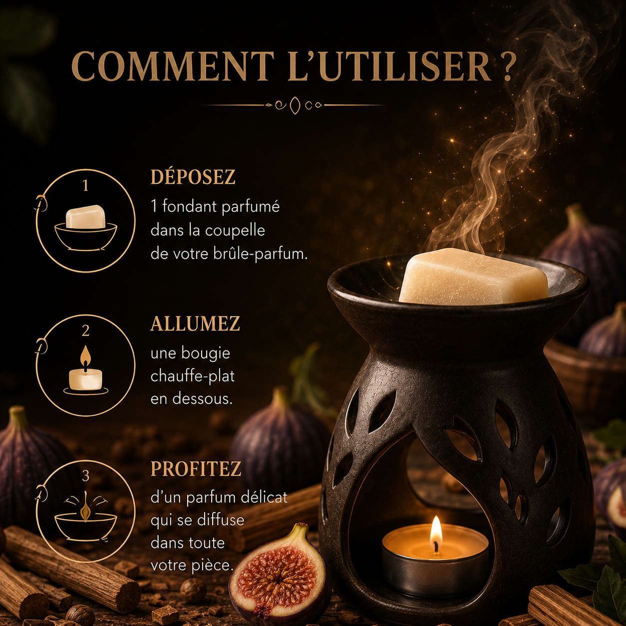 Galet parfumé Figue et Santal pour brûle parfum cire parfumée végétale ambiance cocooning boisée élégante