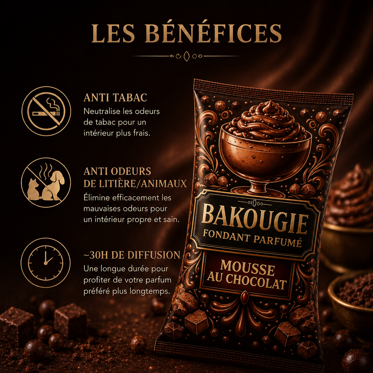 Wax melt chocolat gourmand fondant cire parfumée senteur mousse au chocolat caramel vanille artisanale