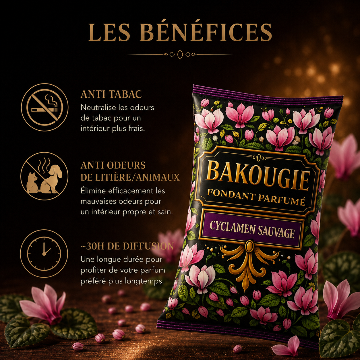 Wax melt cyclamen sauvage parfum floral frais cire parfumée artisanale senteur élégante et raffinée pour intérieur